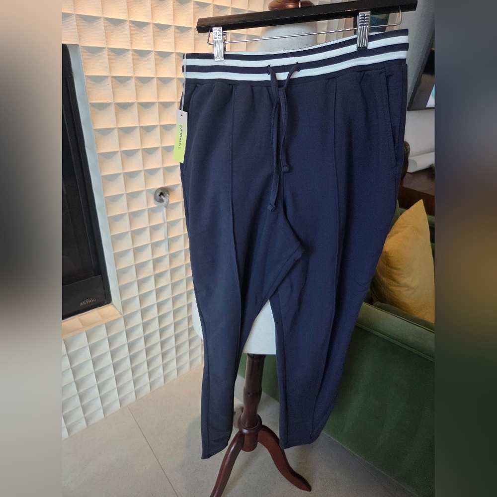 NWT Summersalt Pintuck Joggers Navy Blue with Striped Waistband, Size Small - Picture 2 of 5
